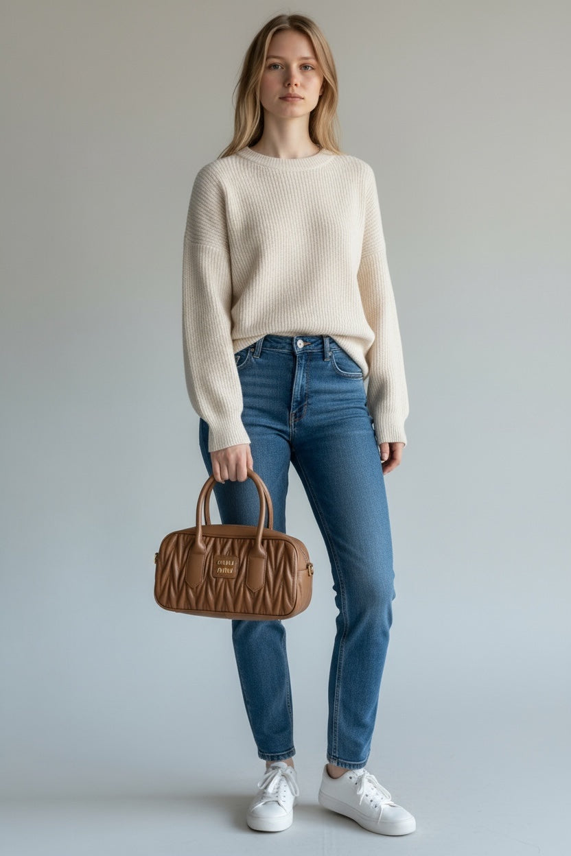 Miu Miu Matelassé Leather Handbag – Καφέ