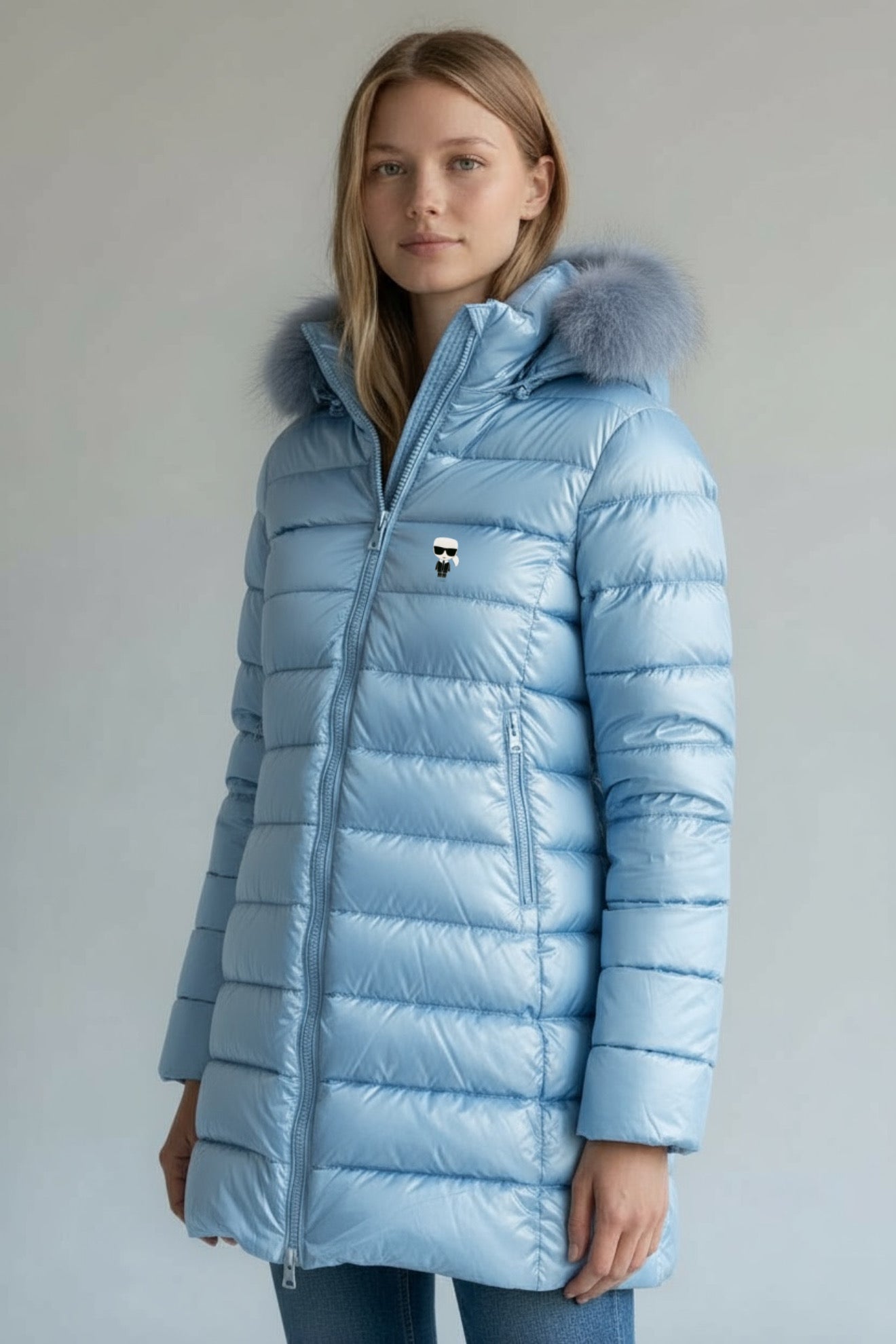 Γυναικείο Μπουφάν Karl Lagerfeld Puffer με Γούνα – Γαλάζιο