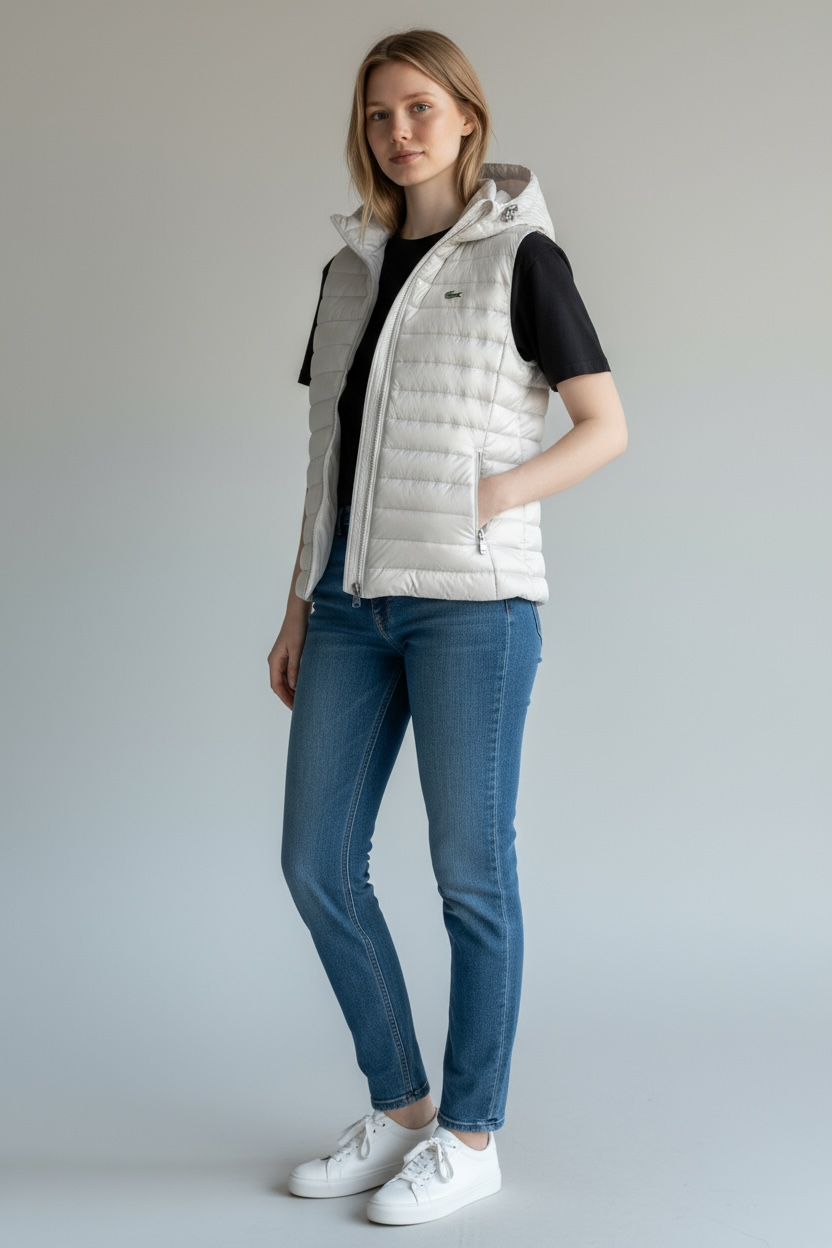 Γυναικείο Αμάνικο Puffer Γιλέκο Lacoste με Κουκούλα σε Λευκό