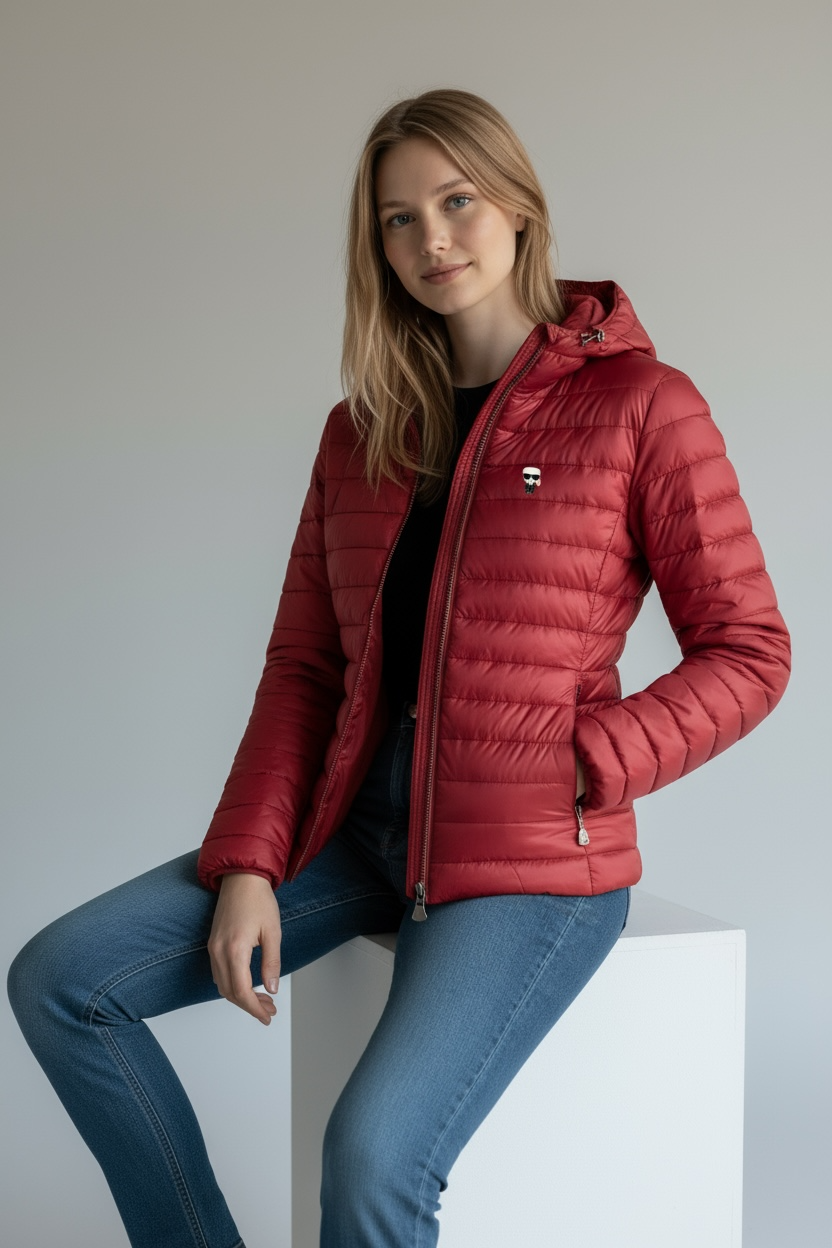 Γυναικείο Μπουφάν Karl Lagerfeld Puffer με Κουκούλα – Μπορντό