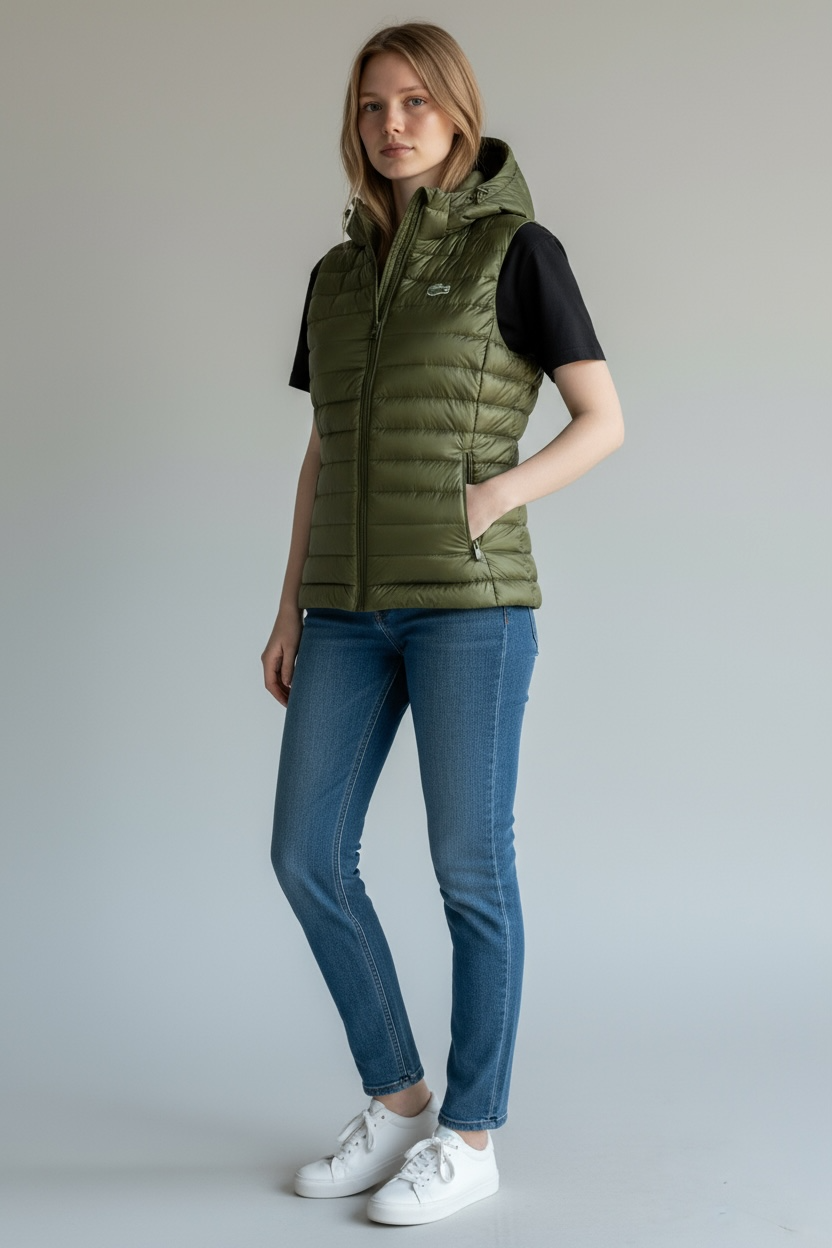 Γυναικείο Αμάνικο Puffer Γιλέκο Lacoste με Κουκούλα σε Χακί