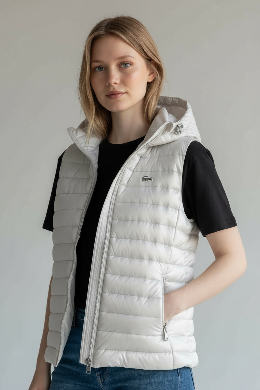 Γυναικείο Αμάνικο Puffer Γιλέκο Lacoste με Κουκούλα σε Λευκό