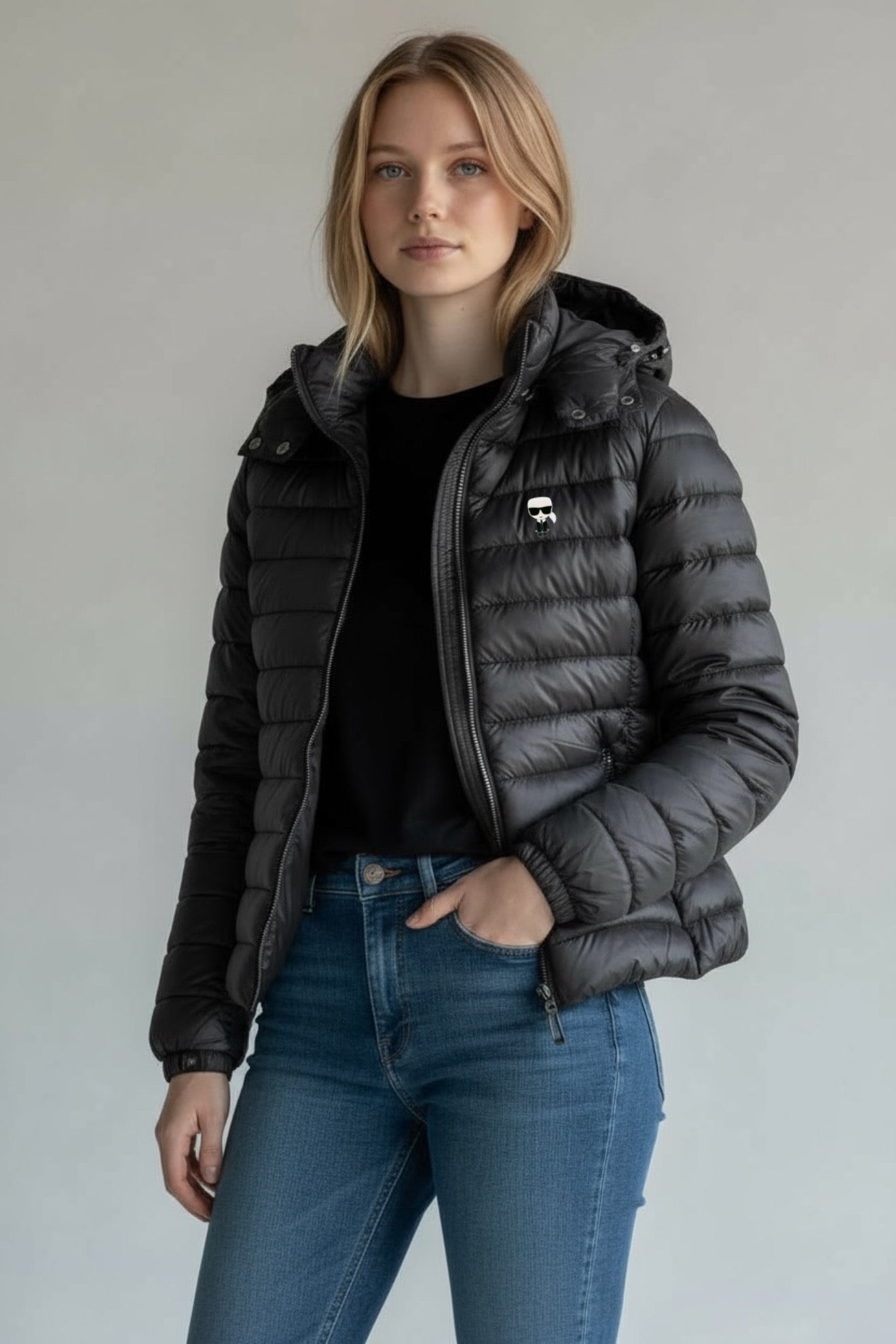 Γυναικείο Μπουφάν Karl Lagerfeld Puffer με Κουκούλα – Μαύρο