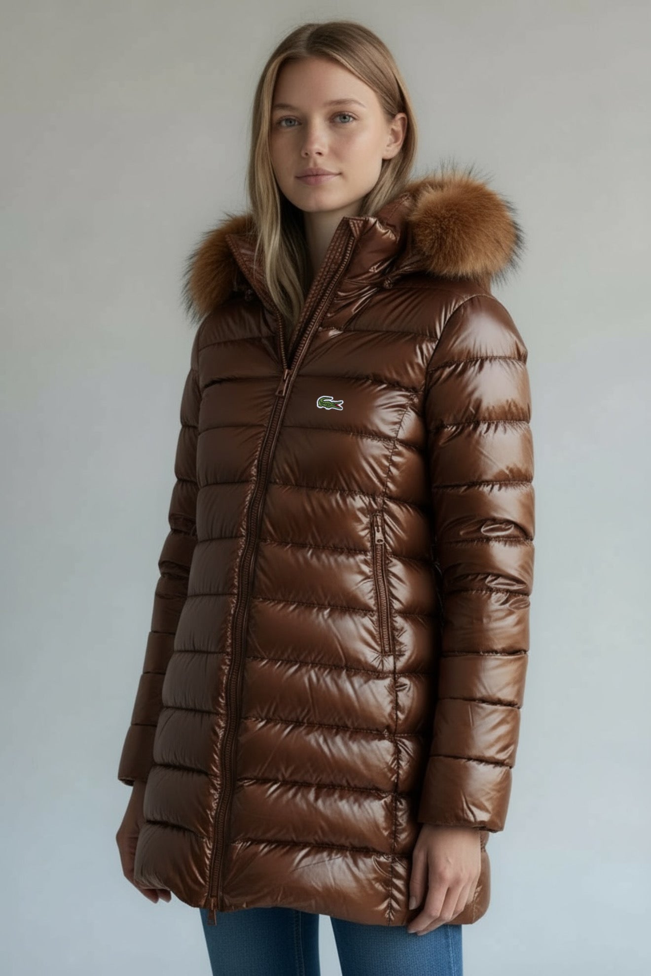 Γυναικείο Μπουφάν Lacoste Puffer με Γούνα – Καφέ