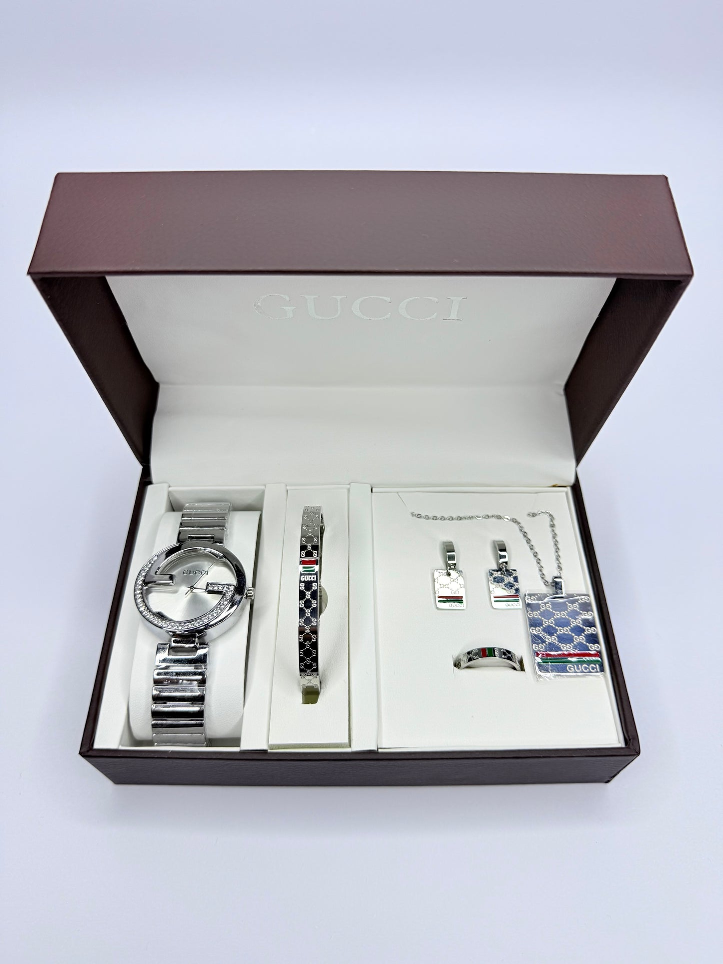 Σετ Κοσμημάτων & Ρολογιού Gucci – Ασημί Πολυτελές Set (5 τεμαχίων)