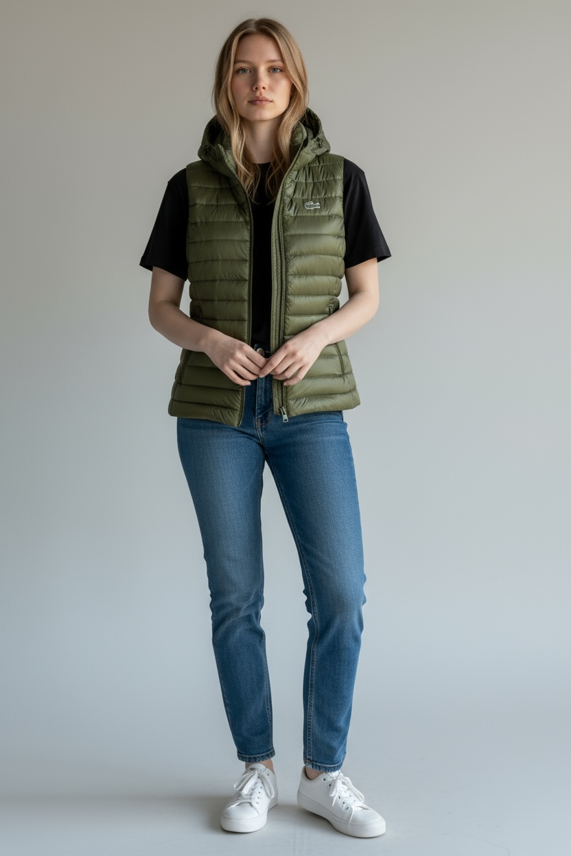 Γυναικείο Αμάνικο Puffer Γιλέκο Lacoste με Κουκούλα σε Χακί