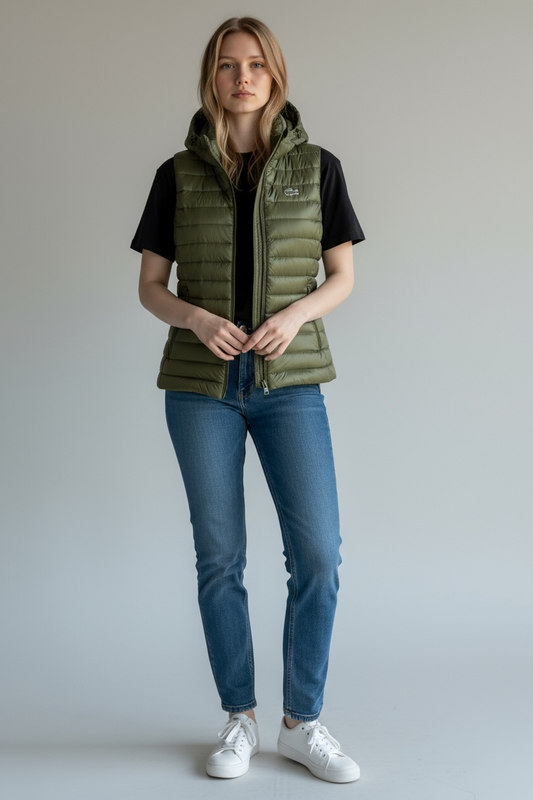 Γυναικείο Αμάνικο Puffer Γιλέκο Lacoste με Κουκούλα σε Χακί