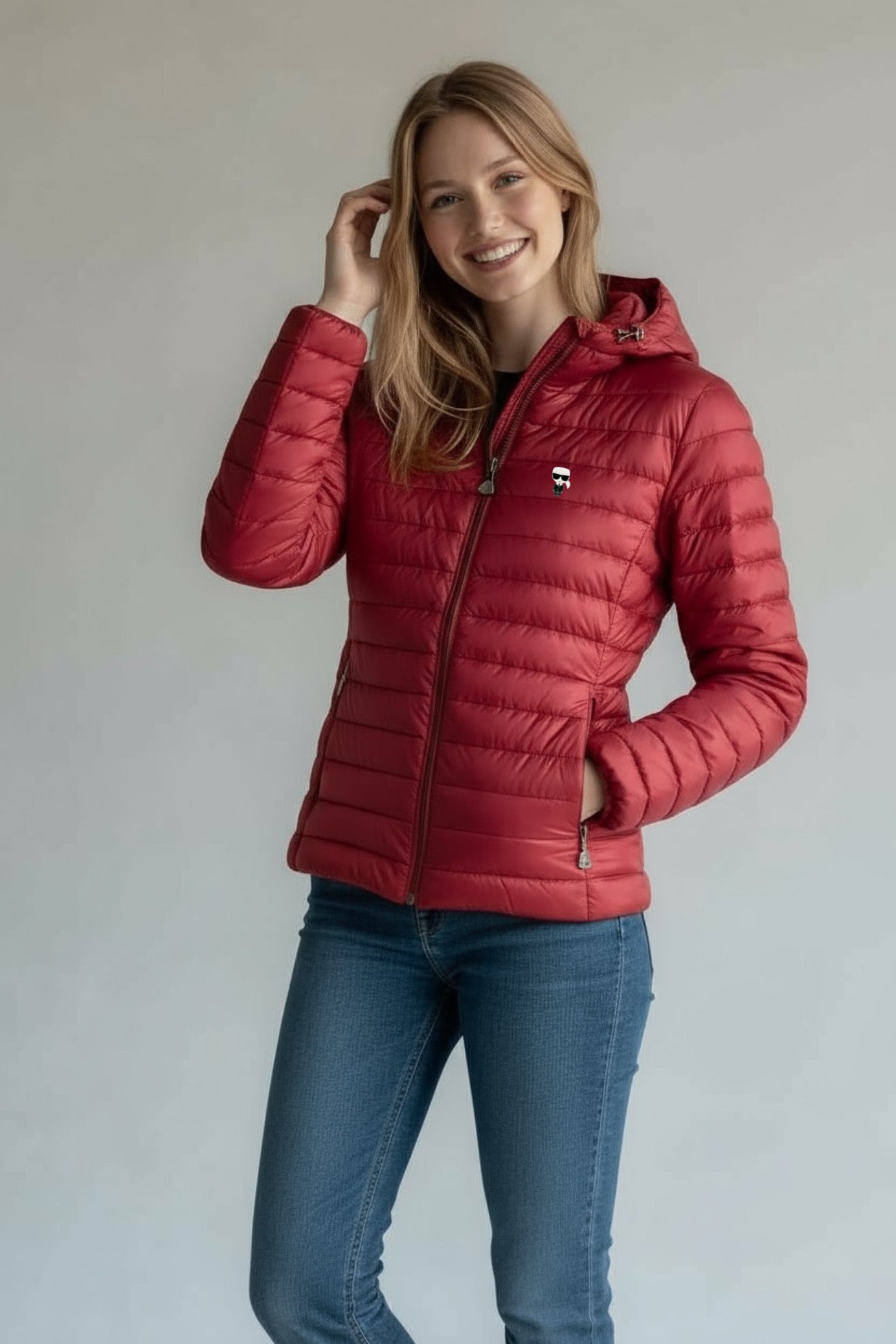 Γυναικείο Μπουφάν Karl Lagerfeld Puffer με Κουκούλα – Μπορντό