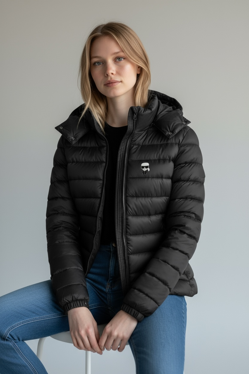 Γυναικείο Μπουφάν Karl Lagerfeld Puffer με Κουκούλα – Μαύρο