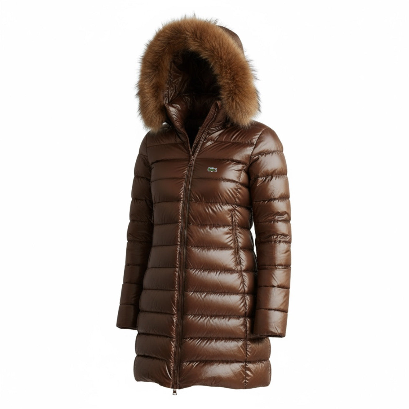 Γυναικείο Μπουφάν Lacoste Puffer με Γούνα – Καφέ