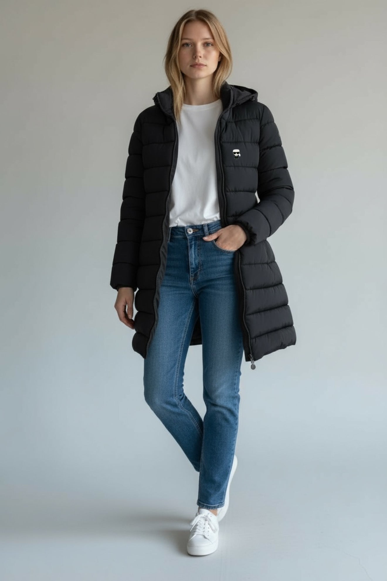 Karl Lagerfeld Μακρύ Γυναικείο Μπουφάν με Κουκούλα – Μαύρο