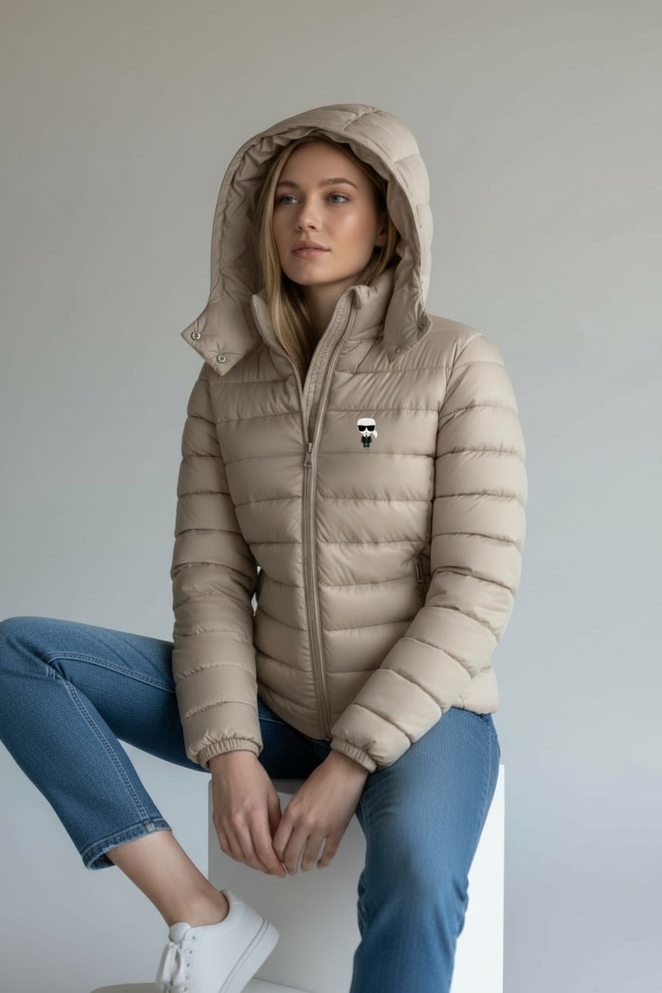 Γυναικείο Μπουφάν Karl Lagerfeld Puffer με Κουκούλα – Μπεζ