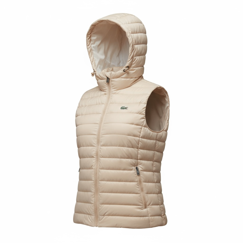 Γυναικείο Αμάνικο Puffer Γιλέκο Lacoste με Κουκούλα σε Μπεζ